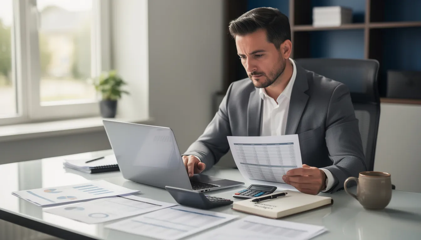 A small business owner is seated at a desk, focused on their laptop while surrounded by financial documents, a calculator, and accounting records. This scene highlights the importance of managing cash flow and financial reporting for maintaining the company's financial health.
