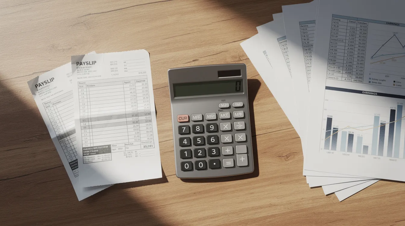 The image shows a calculator, payslips, and various financial documents neatly arranged on a wooden desk, symbolizing the financial evidence needed for a UK family visa application process. These items represent the essential paperwork required to demonstrate sufficient income and support a genuine and subsisting relationship for immigration purposes.
