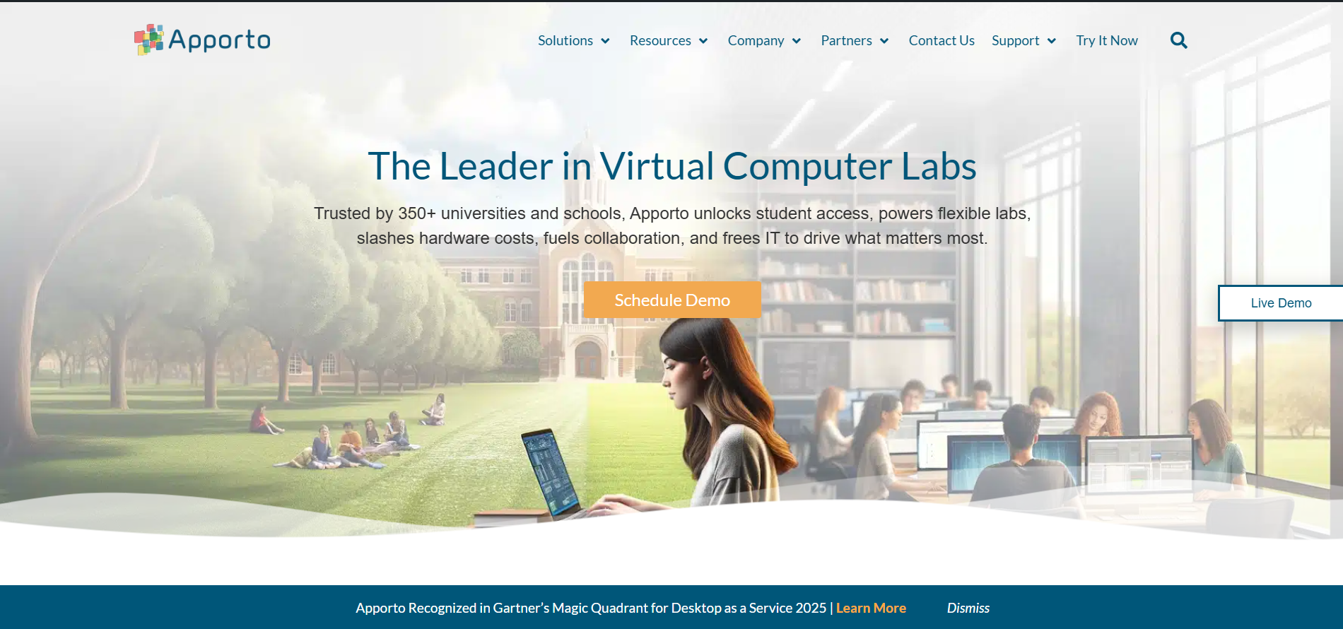 Apporto homepage showcasing browser-based virtual computer labs for education with students using cloud-powered desktop environments.