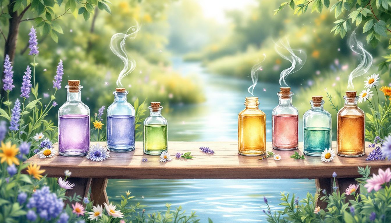 90e7b305 29cf 4001 ab3e ecdadffee4cf An illustration depicting various essential oils used in aromatherapy massage.