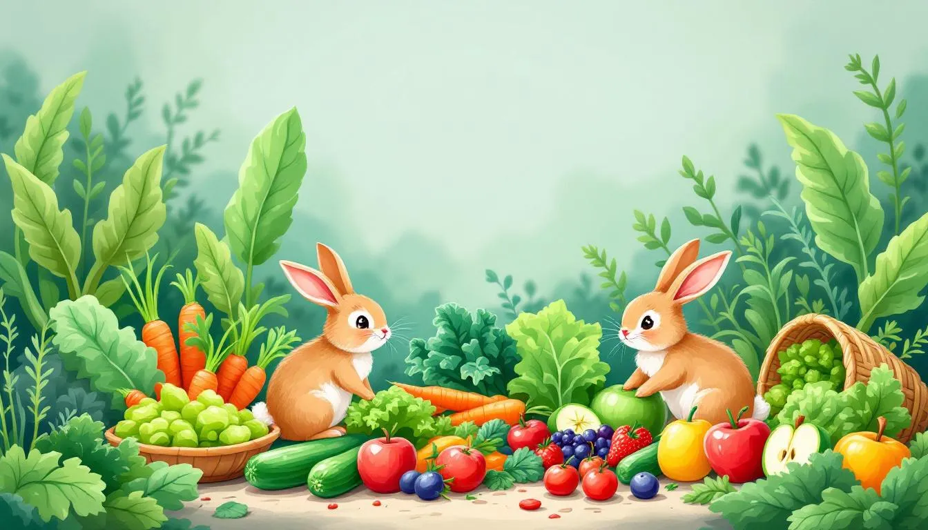 A variety of fresh leafy greens and fruits to encourage a rabbit's appetite.