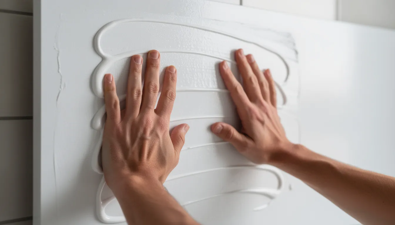 Twee handen plaatsen een groot kunststof wandpaneel tegen een badkamermuur met lijm, terwijl de bestaande tegels zichtbaar zijn. Dit wandpaneel is ideaal voor vochtige ruimtes en biedt een moderne uitstraling met eindeloze ontwerpmogelijkheden.