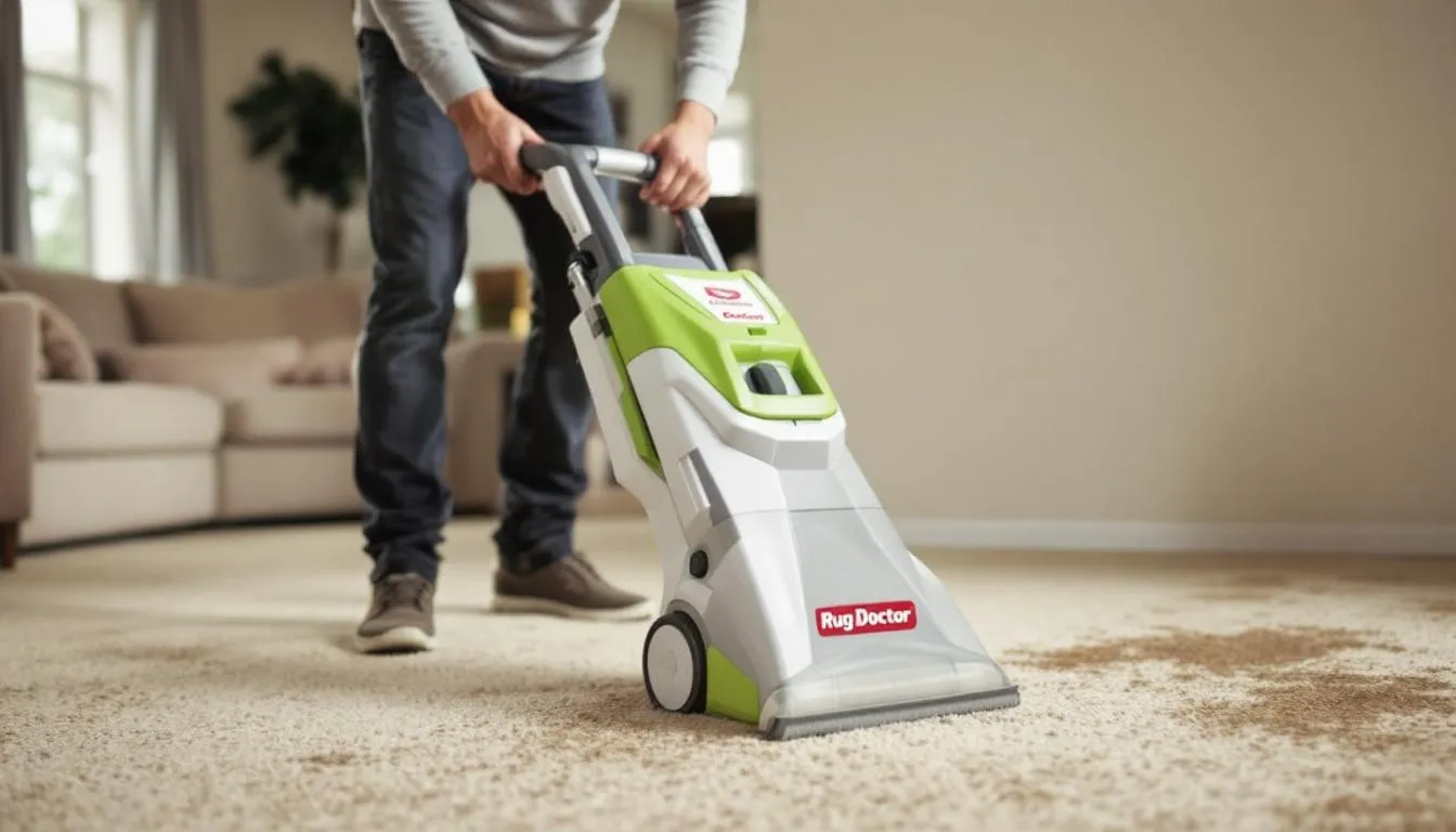 Top 3 Best Carpet Cleaning Home Tips for a Fresh and Spotless Floor 5 A homeowner is using a Rug Doctor portable carpet cleaning machine on their carpet, demonstrating the easy cleaning process to tackle tough stains and ground-in dirt. The machine is equipped with a long hose and a dirty water tank, showcasing its user-friendly design for maintaining clean carpets in the home.