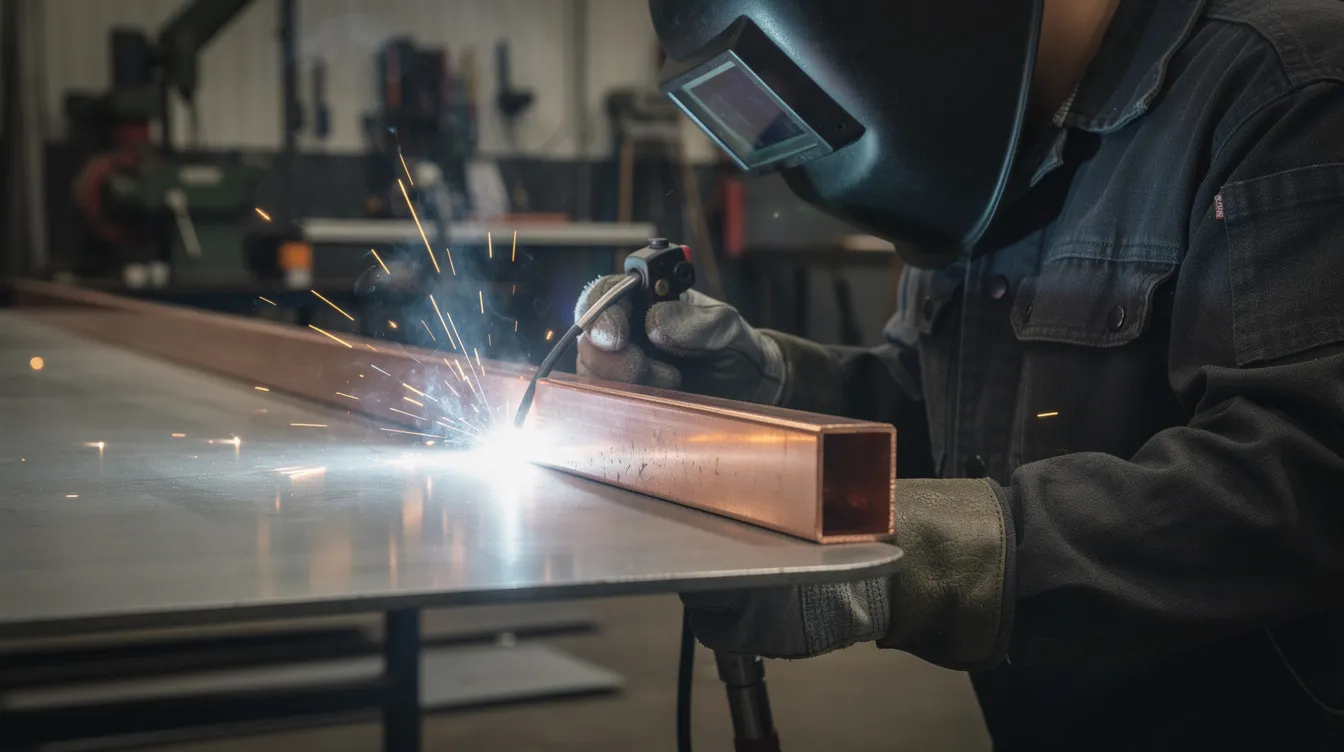 The image depicts a skilled welder using a copper backing bar while performing sheet metal welding on the edge of a thin steel panel. The welder is focused on controlling the weld pool, ensuring clean welds and proper technique to avoid excessive heat and burn through.