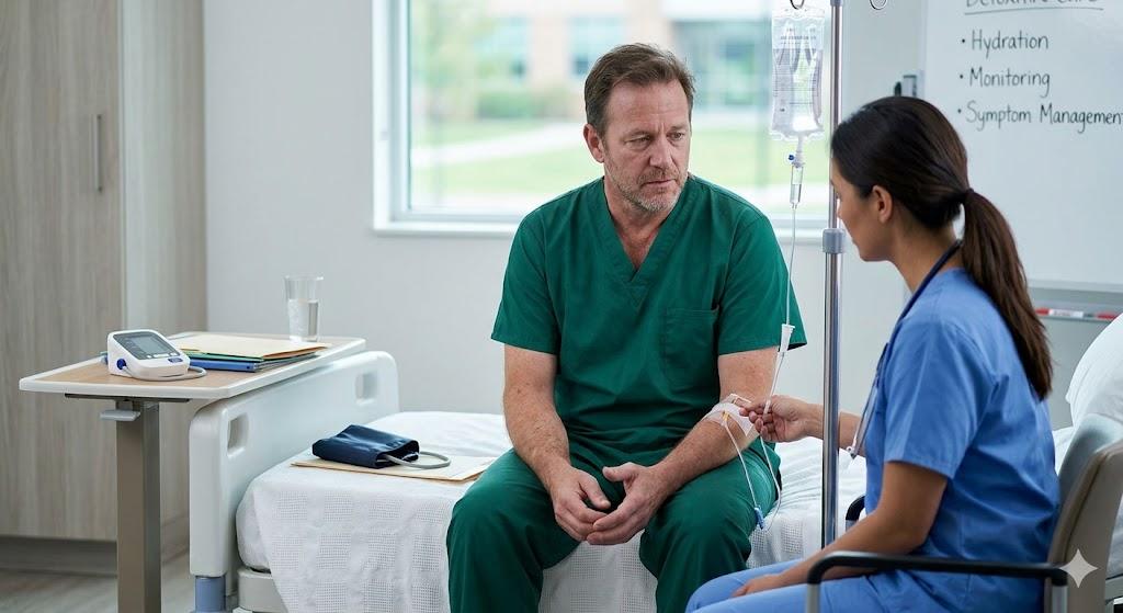 A healthcare professional works with a client during medical detox