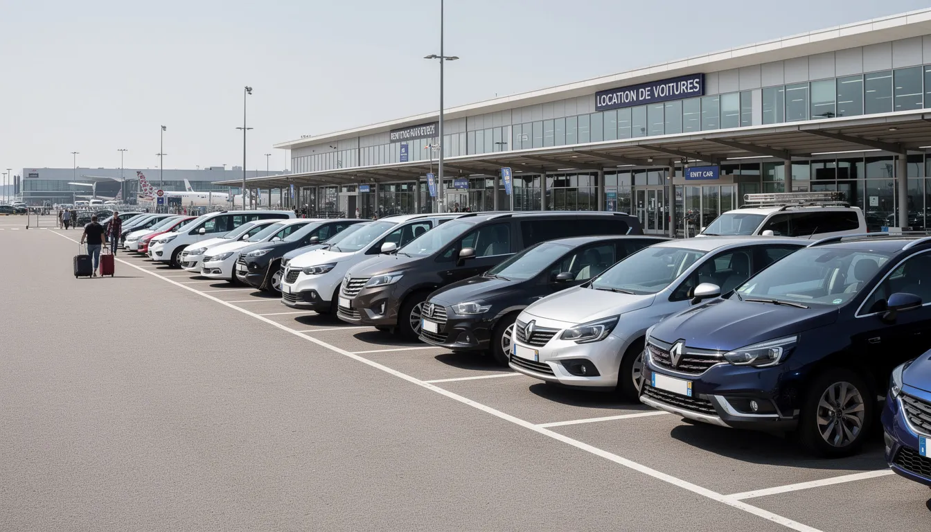 L'image montre un parking de location de voitures dans un aéroport, avec différents véhicules alignés, prêts à être loués chez Dollar. On peut apercevoir des panneaux indiquant les services de location de voiture, offrant aux clients une expérience pratique et sécurisée pour leur voyage.