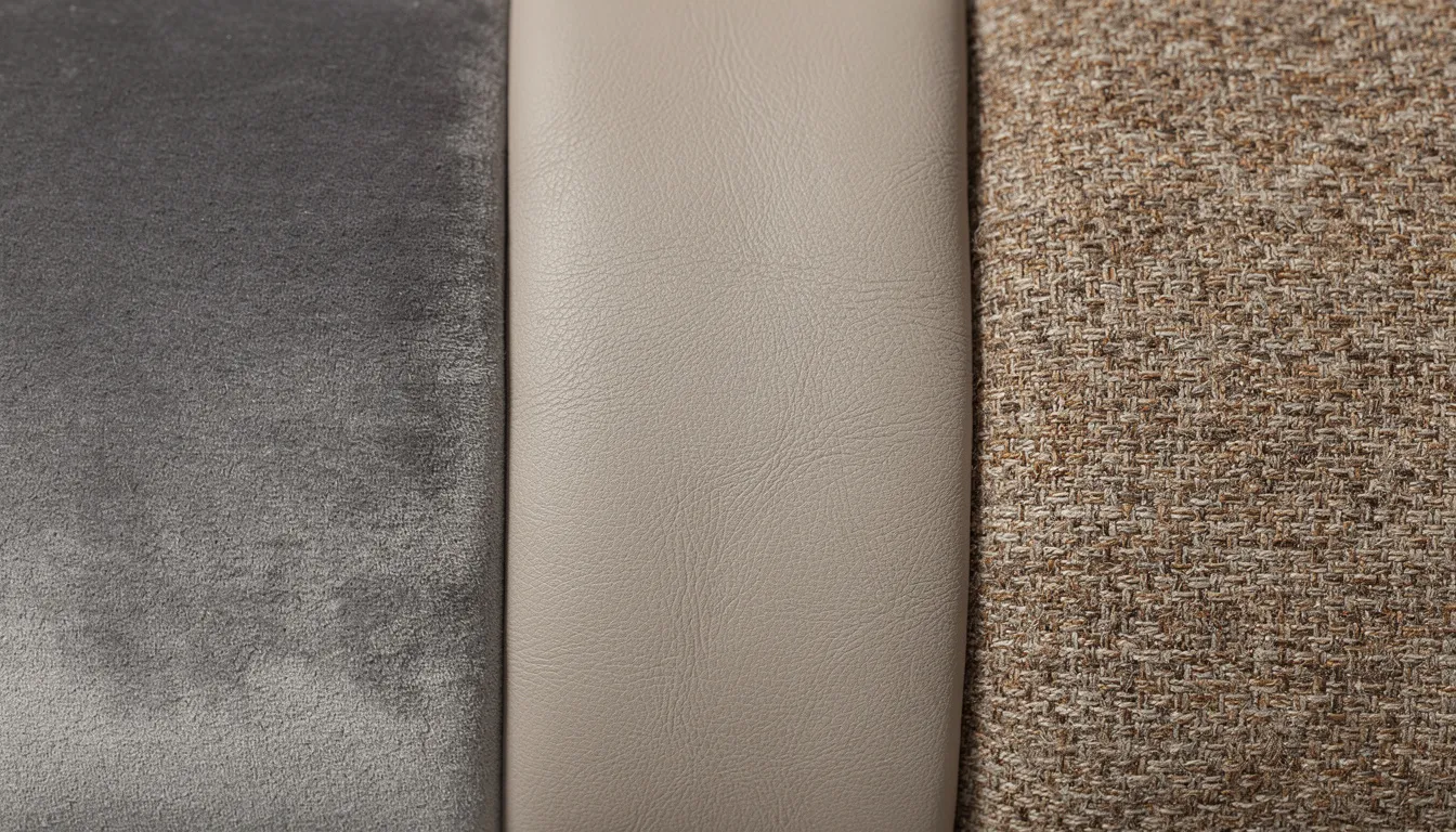 The image showcases a close-up view of various upholstery materials, including luxurious velvet, sleek faux leather, and textured woven fabric, ideal for enhancing the style and comfort of dining chairs in any dining area. These materials not only add a stylish touch but also ensure durability and practicality for a delightful dining experience.