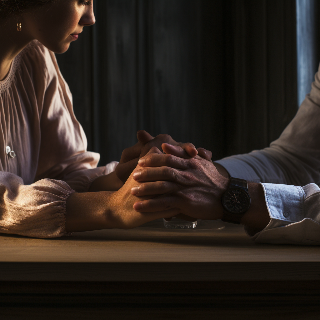 A couple holding hands at a table, building trust in their relationship.