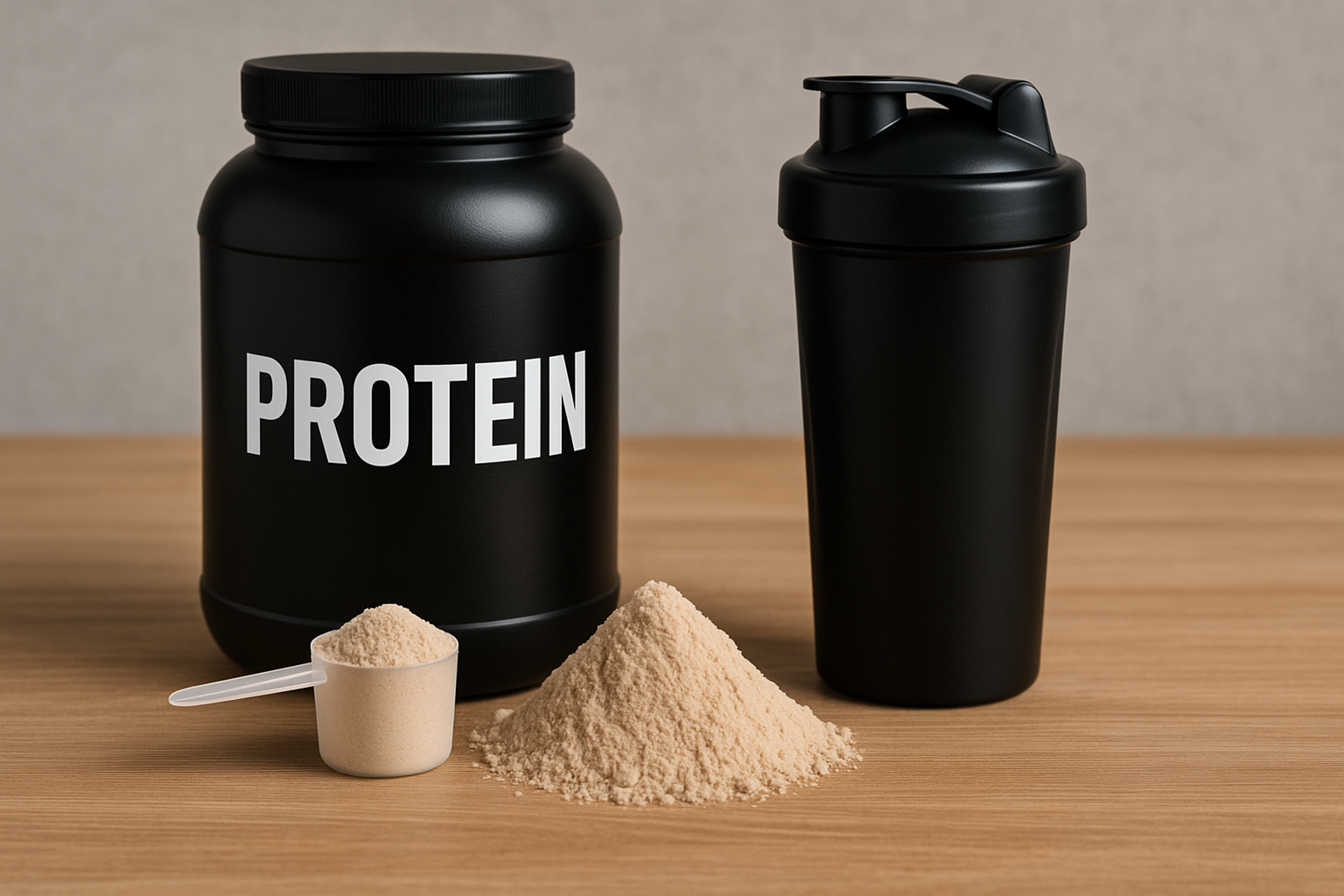 Protein powder container with shaker bottle, scoop, and loose powder on a wooden table