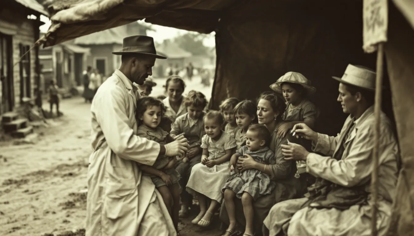 In a historical medical scene, healthcare workers are seen administering diphtheria vaccinations to families, highlighting the importance of vaccination in preventing diphtheria and its severe complications. The atmosphere reflects a community effort to combat this highly contagious bacterial infection, emphasizing the role of vaccines in public health.