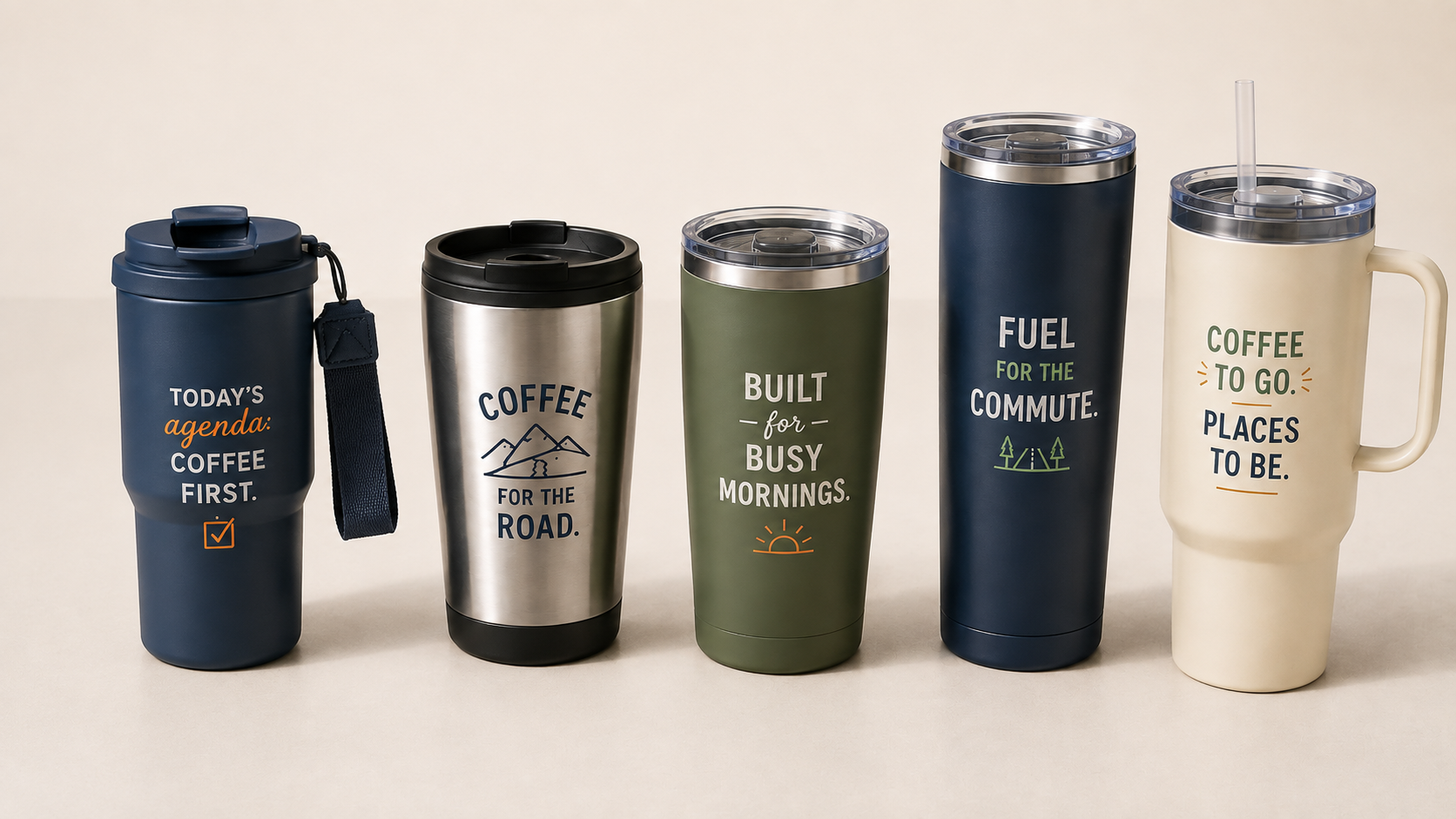 Travel mugs and tumblers featuring coffee quotes for commuters