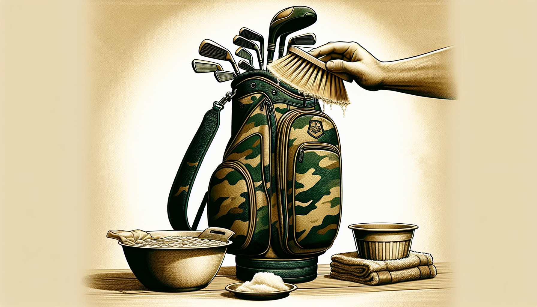 Artistic depiction of cleaning and maintaining a camo golf bag