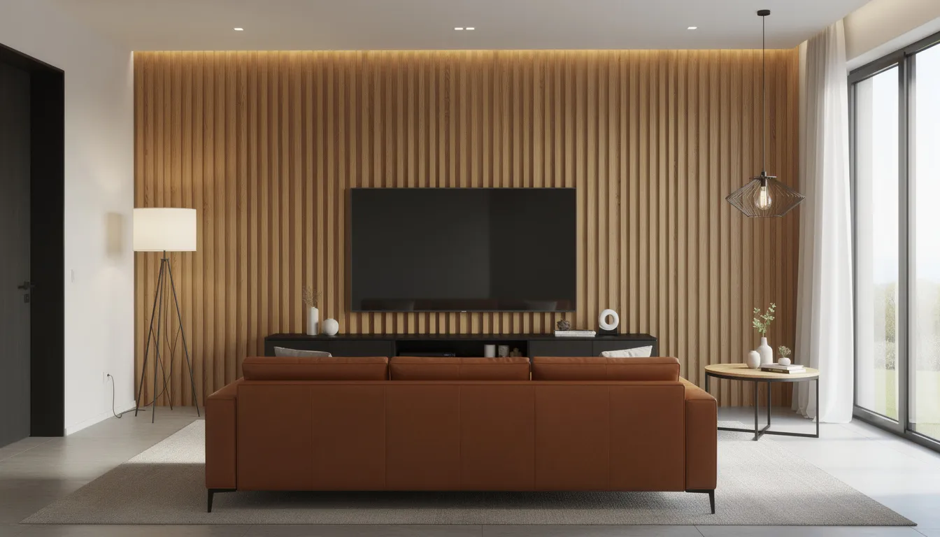 Een moderne woonkamer met een verticale MDF lattenwand achter een grote flatscreen televisie, een leren bank en stijlvolle designverlichting, die samen zorgen voor een sfeervol interieur. De wandpanelen zijn gemaakt van onderhoudsvriendelijk MDF en voegen een unieke look toe aan de ruimte.