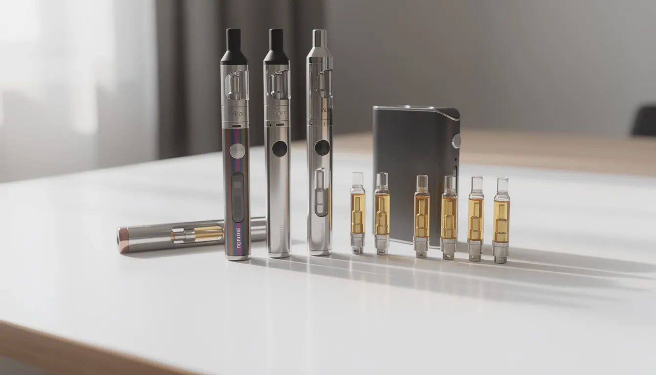 Auf dem Tisch liegen verschiedene Vaporizer-Geräte und Kartuschen, die für den Konsum von Cannabinoiden wie HHC und THC verwendet werden. Diese Produkte bieten eine Vielzahl von Optionen für Nutzer, die die Wirkungen der Cannabispflanze erleben möchten.