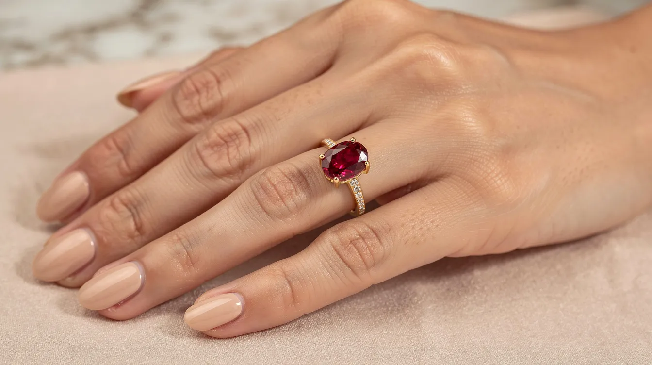 An elegant ruby ring, featuring a deep red gemstone set in yellow gold, is displayed on a woman's hand, highlighting the beauty of ruby jewellery, the traditional July birthstone. The ring's vibrant color and luxurious setting evoke a sense of passion and timeless elegance.