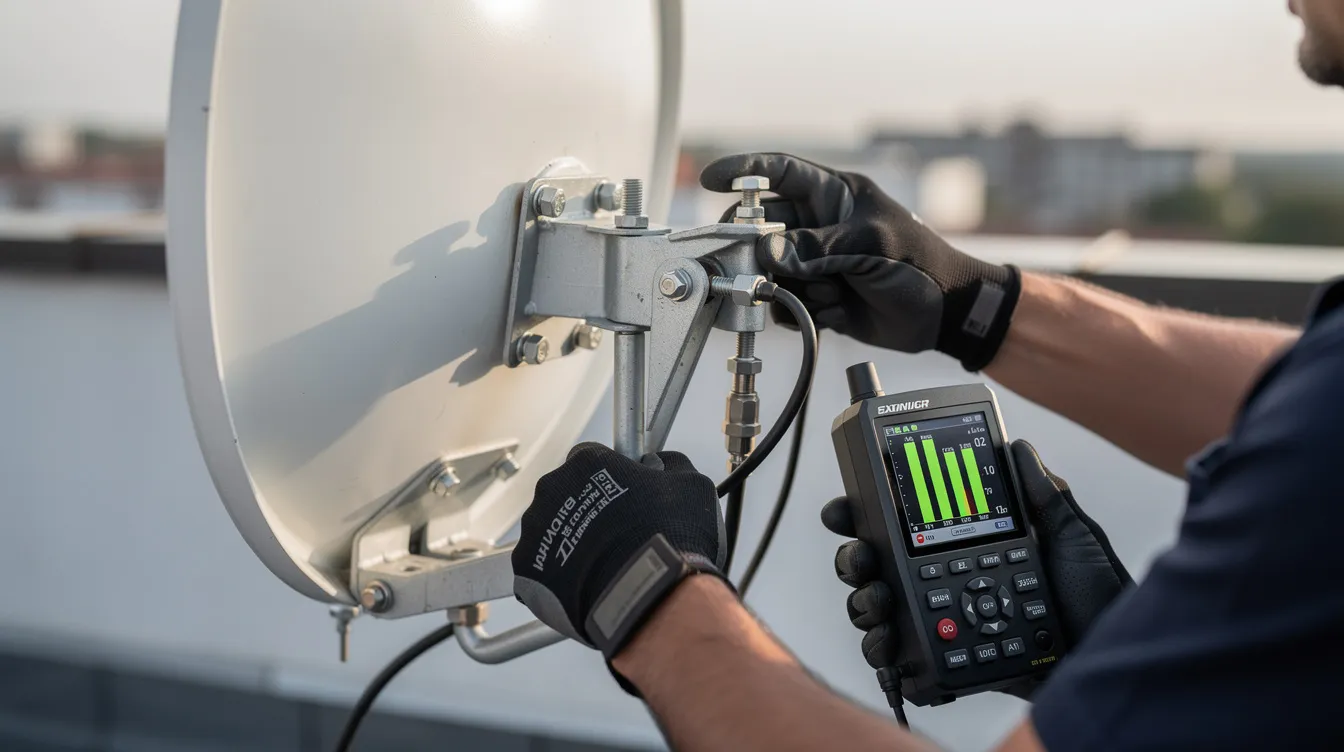 A technician is closely adjusting the alignment of a satellite dish using a signal meter to ensure optimal signal reception. This professional DSTV installation service highlights the importance of precise dish alignment for reliable satellite TV setup.