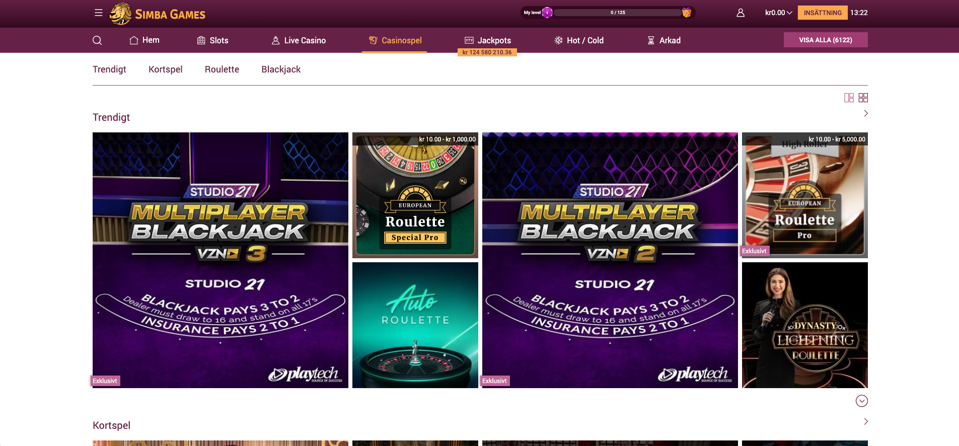 SimbaGames Casino live casino med multiplayer blackjack och europeisk roulette