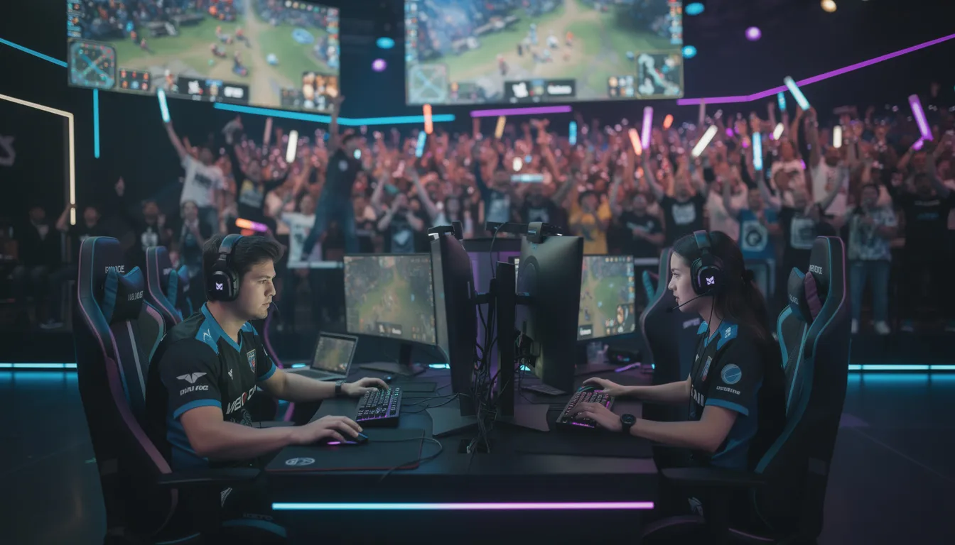 L'image montre un tournoi de sport électronique avec des joueurs concentrés devant leurs écrans, tandis qu'un public enthousiaste les observe en arrière-plan. Cet événement attire des passionnés de jeux en ligne, reflétant l'engouement croissant pour les paris sportifs au Québec et au Canada.