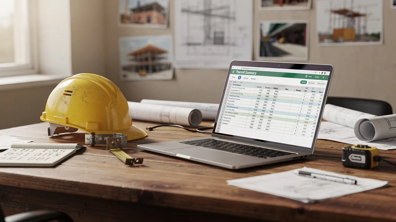 The image depicts a construction office setting featuring a laptop displaying payroll data, with a hard hat resting on the desk. This environment highlights the importance of managing local prevailing wages and compliance with the Davis-Bacon Act for construction projects.