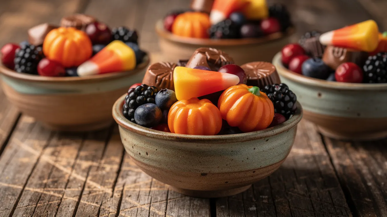 A close-up view of small ceramic bowls filled with colorful Halloween candy, including candy corn and candy pumpkins, alongside seasonal berries, all arranged on a rustic wooden surface, creating a festive Halloween snack board perfect for a party. The vibrant colors and playful treats invite friends and family to enjoy these delicious Halloween-themed foods.