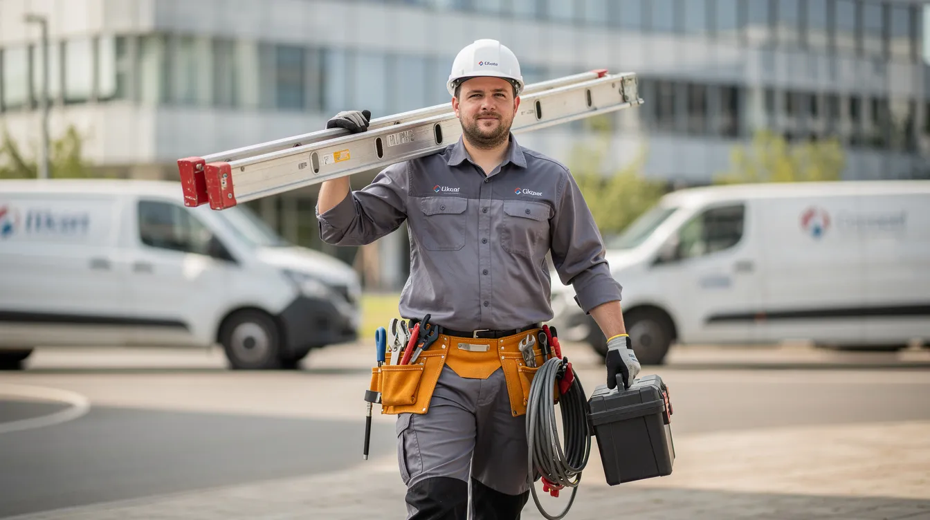A professional technician is seen carrying installation equipment and a ladder, ready to provide reliable DSTV installation services. This skilled technician ensures quality service for residential and commercial properties in Big Bay, offering tailored DSTV solutions for maximum performance.