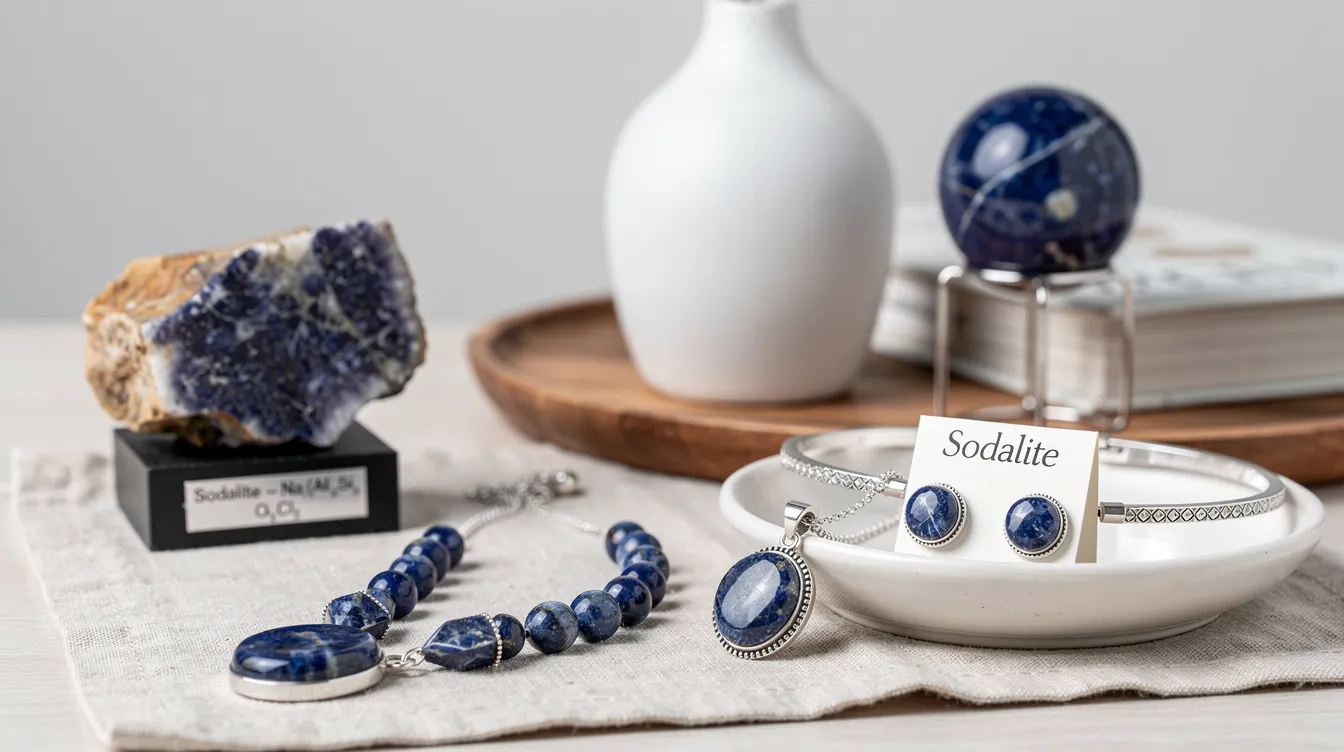 The image showcases a collection of sodalite jewelry, including beautifully crafted sodalite earrings and polished sodalite tumbled stones, all exhibiting varying shades of blue and white veins. These decorative objects not only highlight the rich blue color characteristic of sodalite but also symbolize its metaphysical healing properties, particularly related to the throat and third eye chakras.