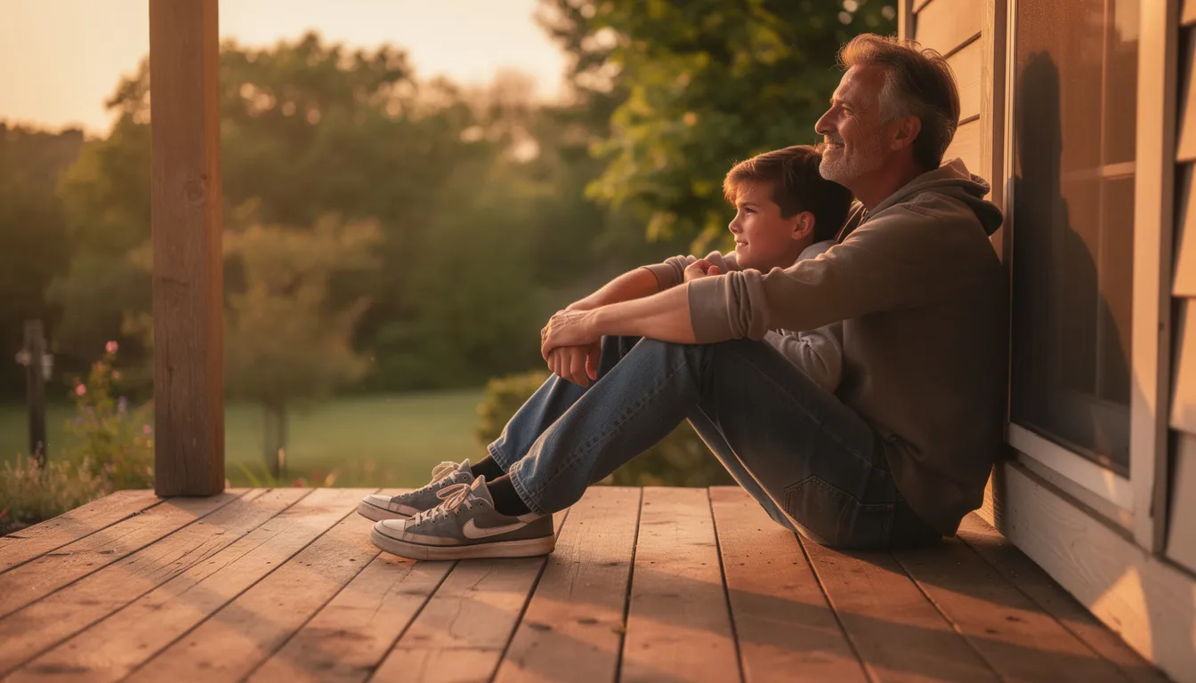 A father and his teenage son sit together on a porch, enjoying a moment of comfortable silence that reflects their strong relationship. This scene captures the essence of being a good dad, as they spend quality time together, embodying the important things in life such as respect, encouragement, and the joy of family.