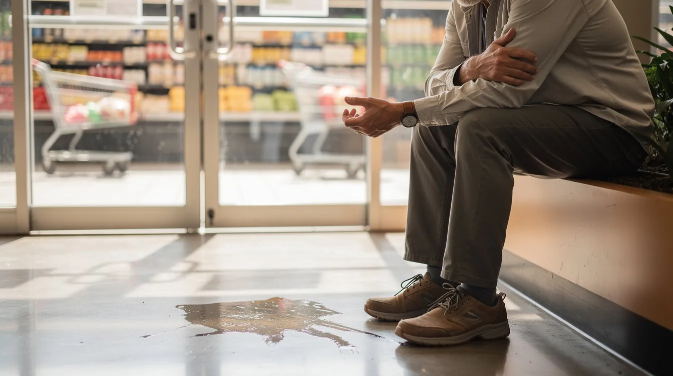 A middle-aged adult sits on a low bench just inside a grocery store entrance in Phoenix, holding their wrist in pain and displaying a posture of discomfort. The scene captures the warm natural daylight illuminating the area, with subtle reflections of a wet floor nearby, suggesting a slip and fall incident that could lead to a personal injury claim.