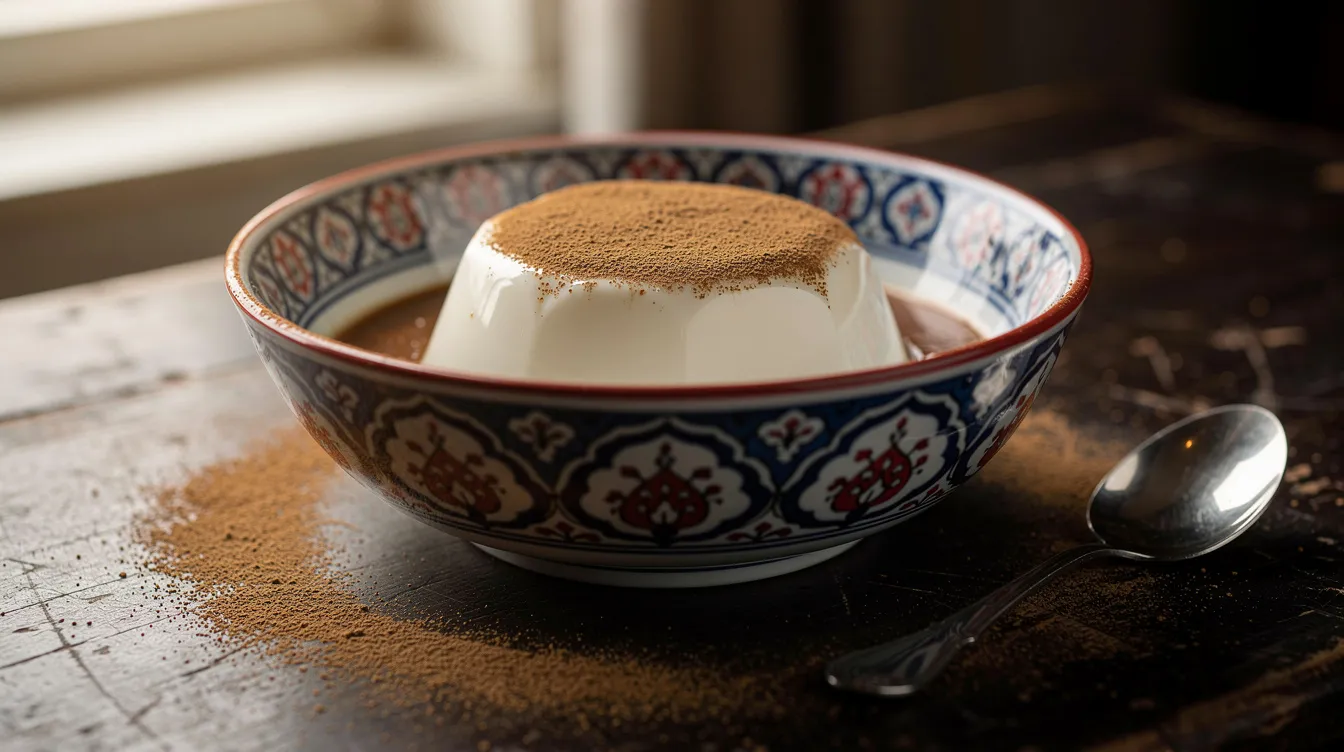 An elegant white milk pudding, lightly dusted with cinnamon, is beautifully presented in a traditional Turkish ceramic bowl, resting on a dark wooden table, showcasing a classic dessert from Turkish cuisine. This creamy treat is a beloved part of Turkish desserts, often enjoyed for its delicate flavor and smooth texture.