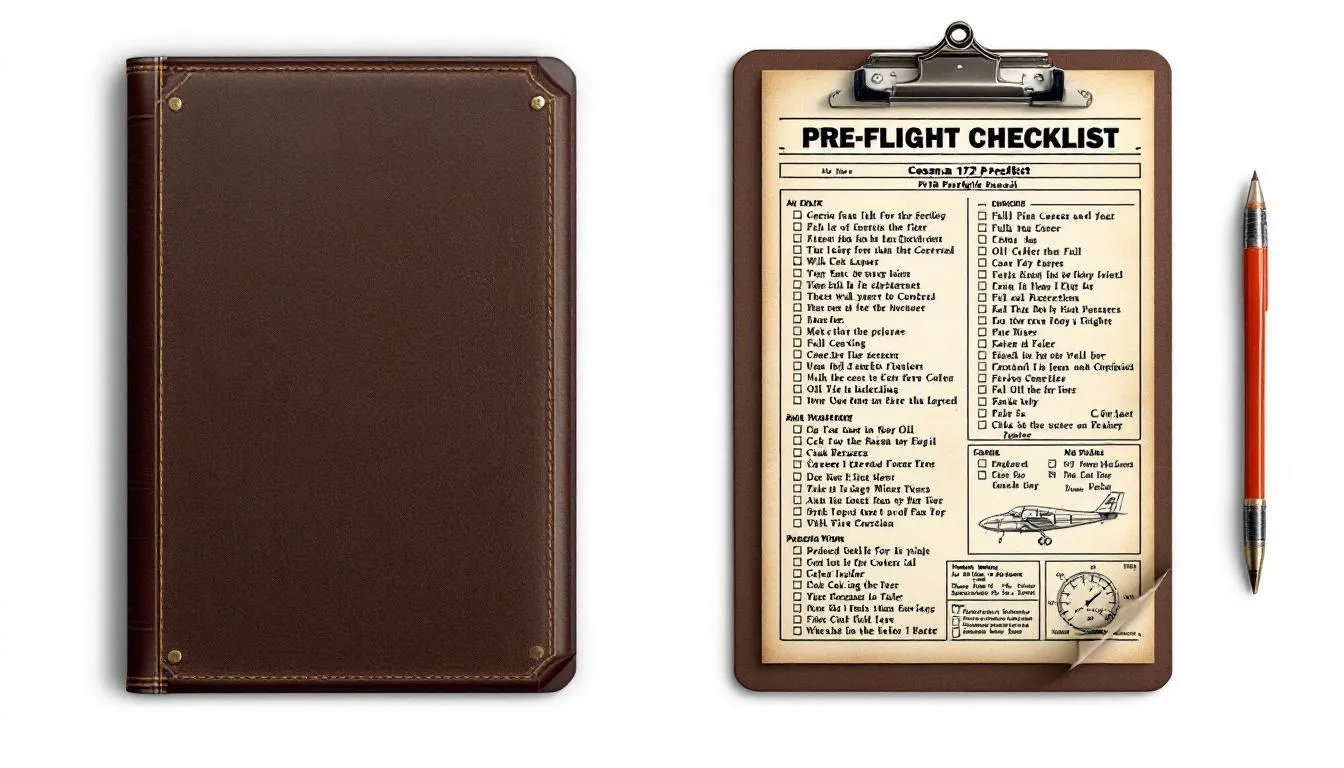A Cessna 172 preflight checklist on a clipboard.