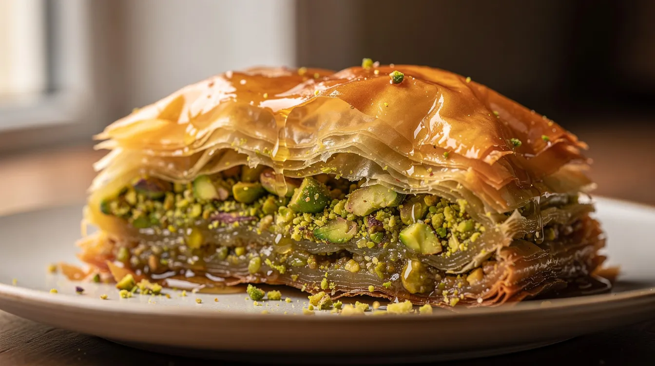 A close-up photograph of freshly cut pistachio baklava showcases its golden crispy phyllo layers, with vibrant green chopped pistachios peeking through each thin layer, highlighting this beloved traditional Turkish dessert. The rich texture and inviting appearance make it a perfect sweet treat for those indulging in Turkish cuisine.
