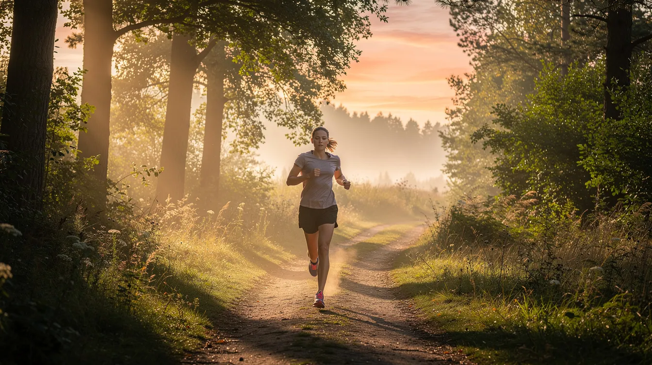 A person jogs along a nature trail at sunrise, embodying a commitment to their longevity health journey. This outdoor physical activity not only promotes cardiovascular health but also contributes to overall well-being and healthier aging.