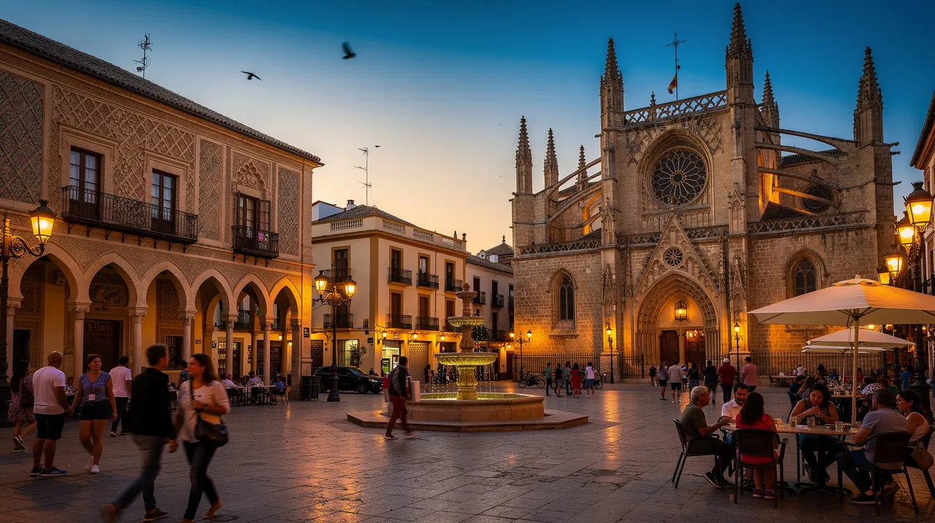 The image depicts a vibrant Spanish plaza adorned with diverse architecture showcasing Moorish and Gothic influences, as people stroll leisurely in the evening light. This scene reflects the rich cultural tapestry of Spain, highlighting its fascinating history and the daily life of its people.