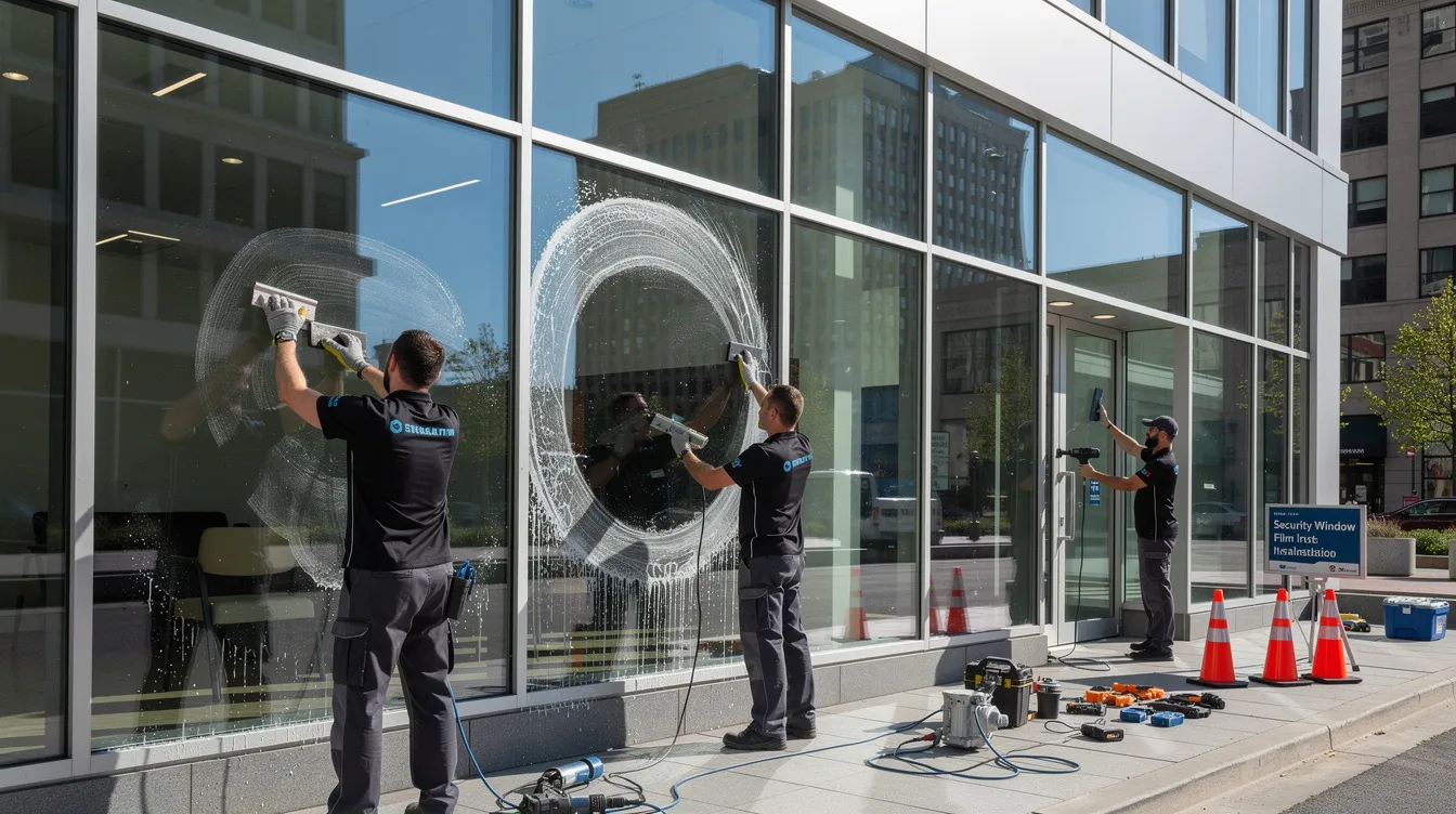 The image depicts the installation of security window film on the windows of a commercial building, showcasing a protective layer designed to enhance safety against forced entry and ballistic attacks. This cost-effective solution helps hold glass together, offering protection for building occupants from natural disasters and other potential threats.