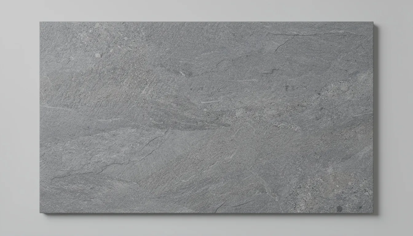 The image features textured porcelain floor tile in a gray stone-look finish, showcasing a slip-resistant surface suitable for humid environments like saunas. This durable flooring option combines aesthetic warmth with safety, making it ideal for both commercial and home saunas.