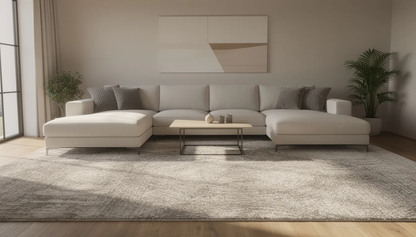 The image depicts a living room featuring a stylish L-shaped sofa with its front legs positioned on a large area rug, which adds warmth and comfort to the space. This essential element not only enhances the room's aesthetics but also provides a soft landing for feet, making it a key component in creating an inviting atmosphere.