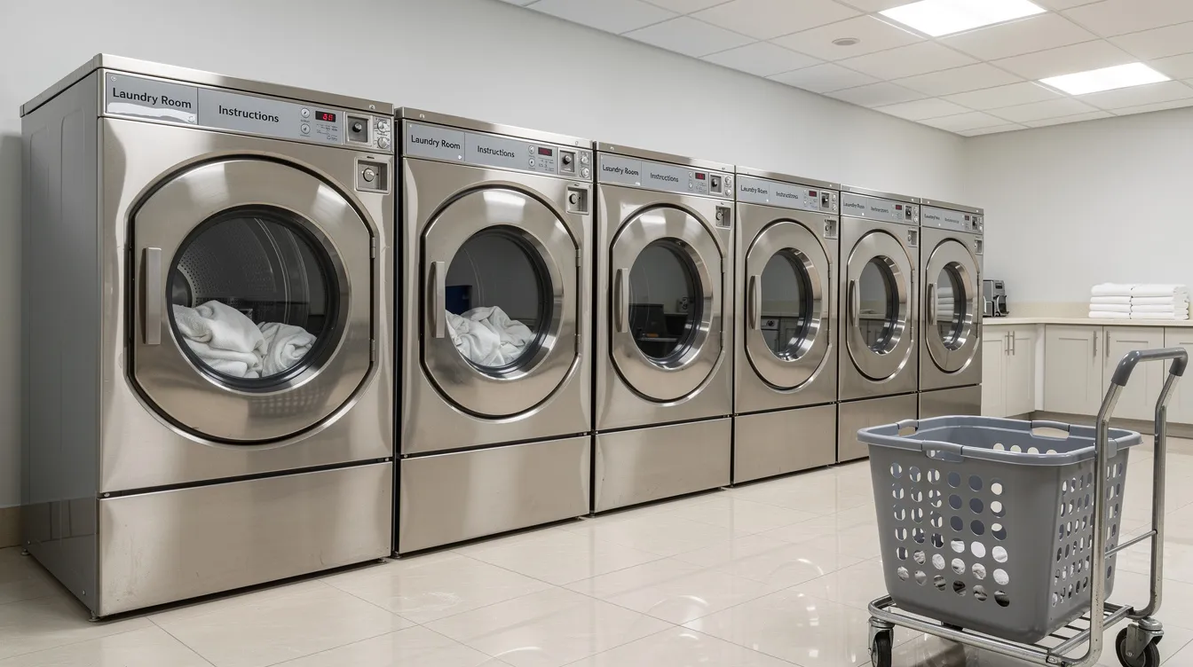 The image shows a row of front-loading commercial washing machines and dryers in a clean, well-lit hotel laundry room, designed for guests to handle their own laundry. This efficient space features laundry facilities where visitors can wash and dry their clothes, providing a convenient amenity during their stay.