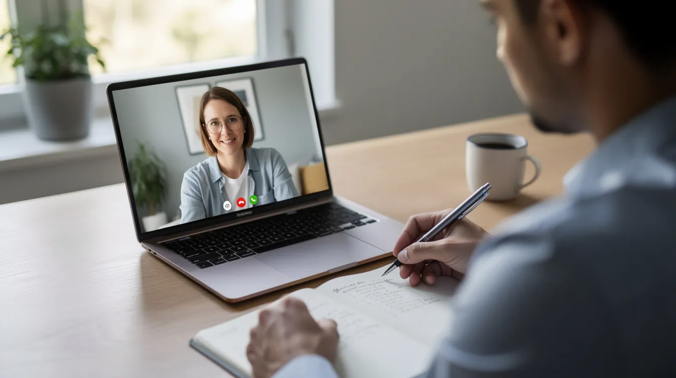 The image shows two individuals engaged in a video consultation, with one person taking notes while focused on a laptop screen. This scene illustrates the importance of receiving free immigration advice and support, particularly regarding UK visas and immigration status.