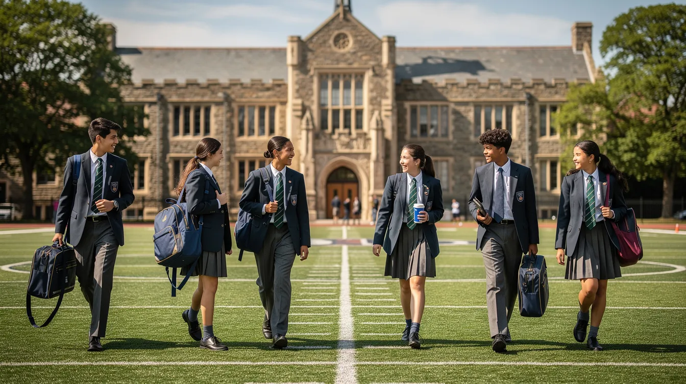 A group of students in uniforms is walking across a lush green sports field, with a historic stone school building visible in the background. This scene captures the essence of education and community often found in the best schools in Ireland.