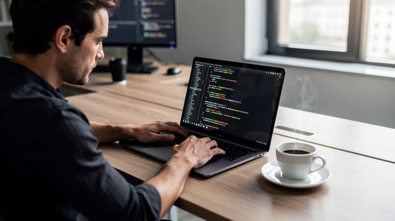 The image shows a developer intently studying code on a laptop, with a steaming coffee cup resting on the desk beside them. They are likely focused on concepts related to deep learning, such as training neural networks and implementing custom layers.