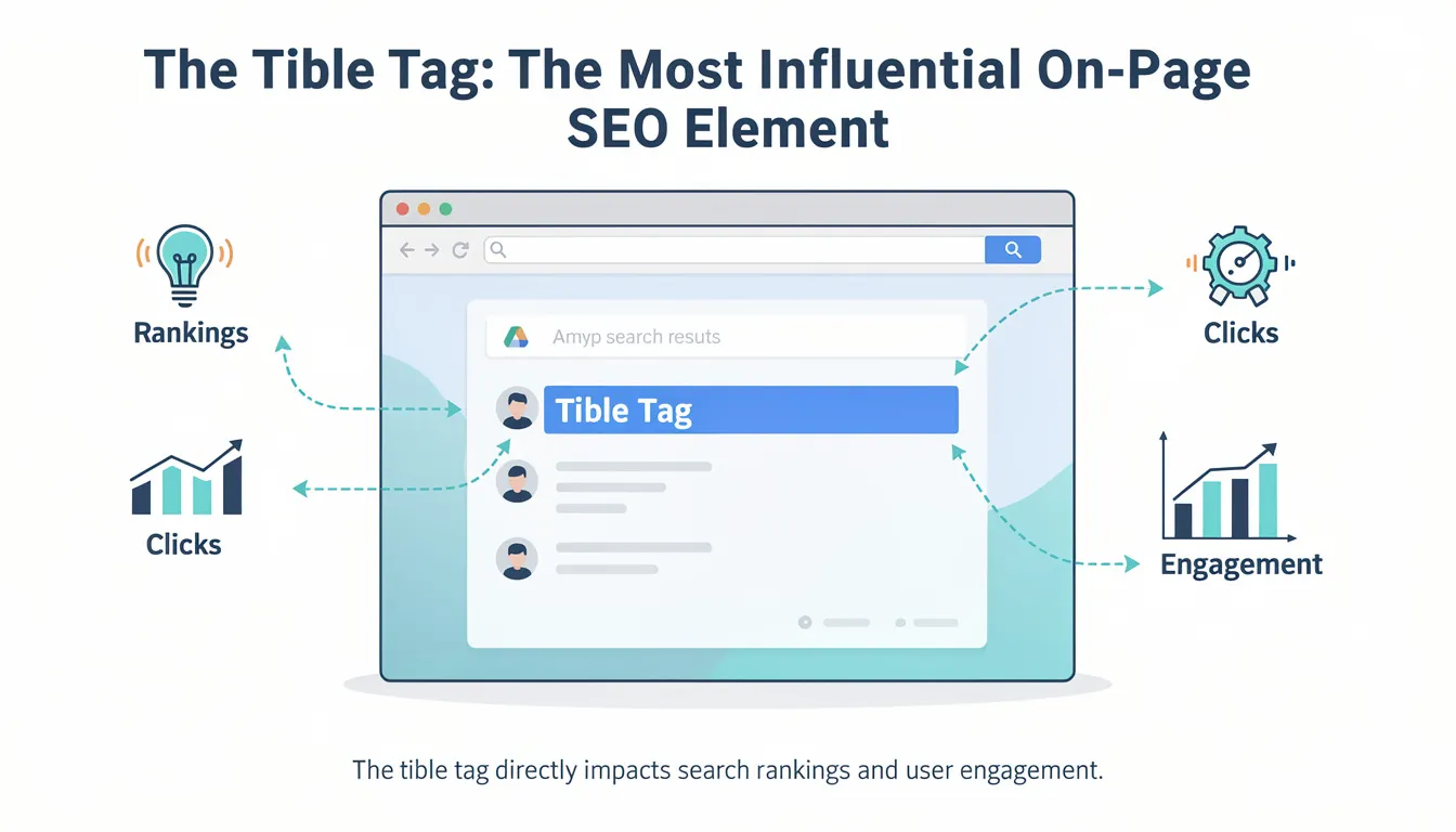 An informative graphic illustrating the significance of the title tag in on-page SEO, highlighting its role as a crucial element that affects search rankings and user engagement. The image may include visual representations of various meta tags, such as the meta description and robots meta tag, emphasizing how these elements work together to improve a web page's visibility in search engine results.