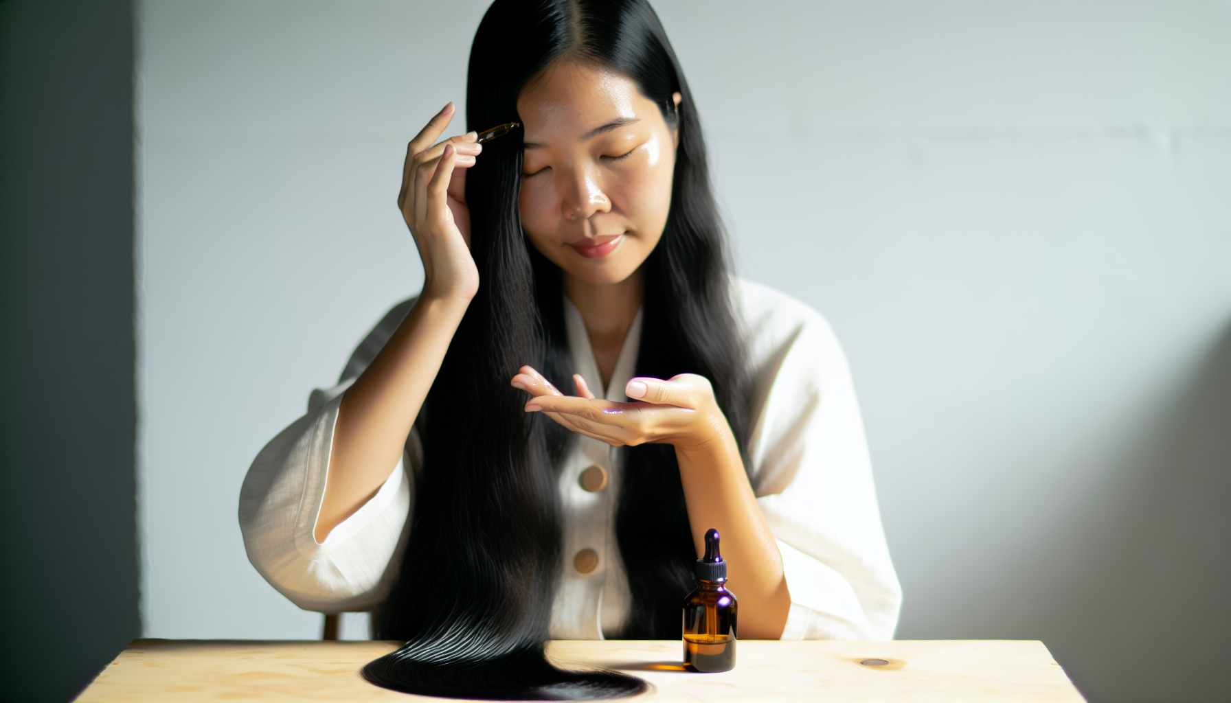 A woman applying oil to her scalp during a soothing massage