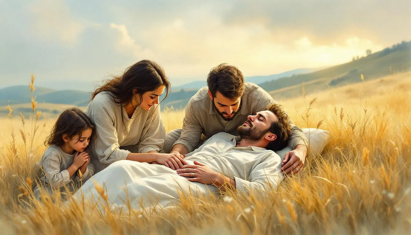 Ein sterbender Mensch, der sich von seinen Angehörigen verabschiedet.