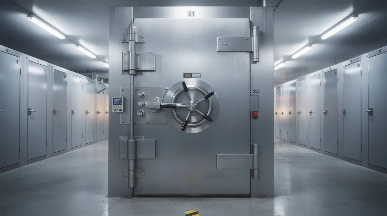 The image depicts a secure vault door with a sleek metallic finish, emphasizing the importance of safeguarding physical precious metals such as gold and silver coins within a storage facility. This secure environment is vital for retirement portfolios and retirement accounts focused on tangible assets.