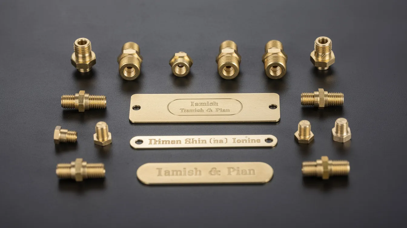 An assortment of precision brass components, including connectors, shims, and nameplates, is neatly arranged on a dark surface, showcasing the intricate designs and fine details typical of brass laser engraving and cutting processes. The reflective brass material catches the light, highlighting its excellent corrosion resistance and polished appearance.
