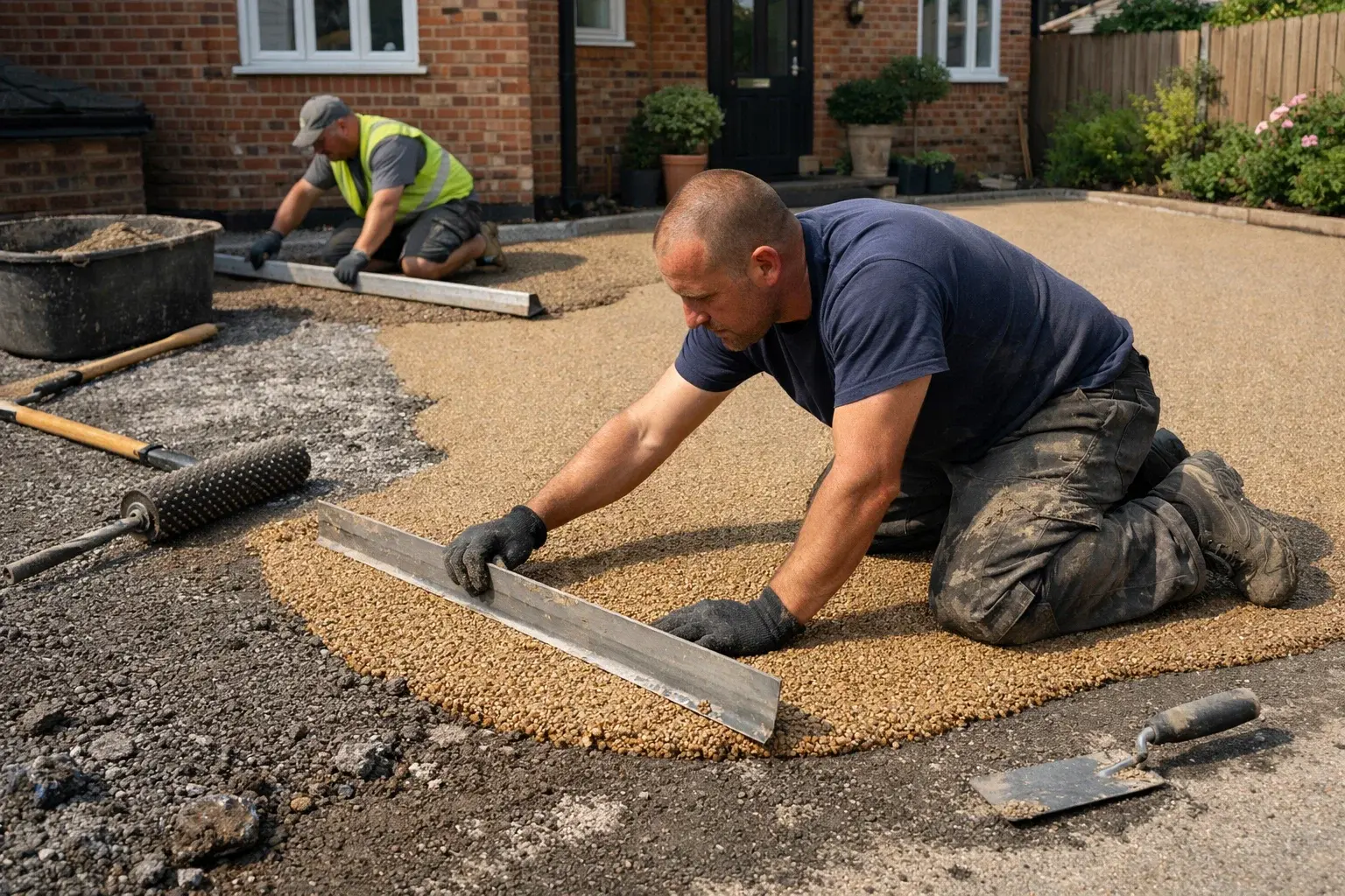 Resin bound driveway installation showing surface being laid over prepared base