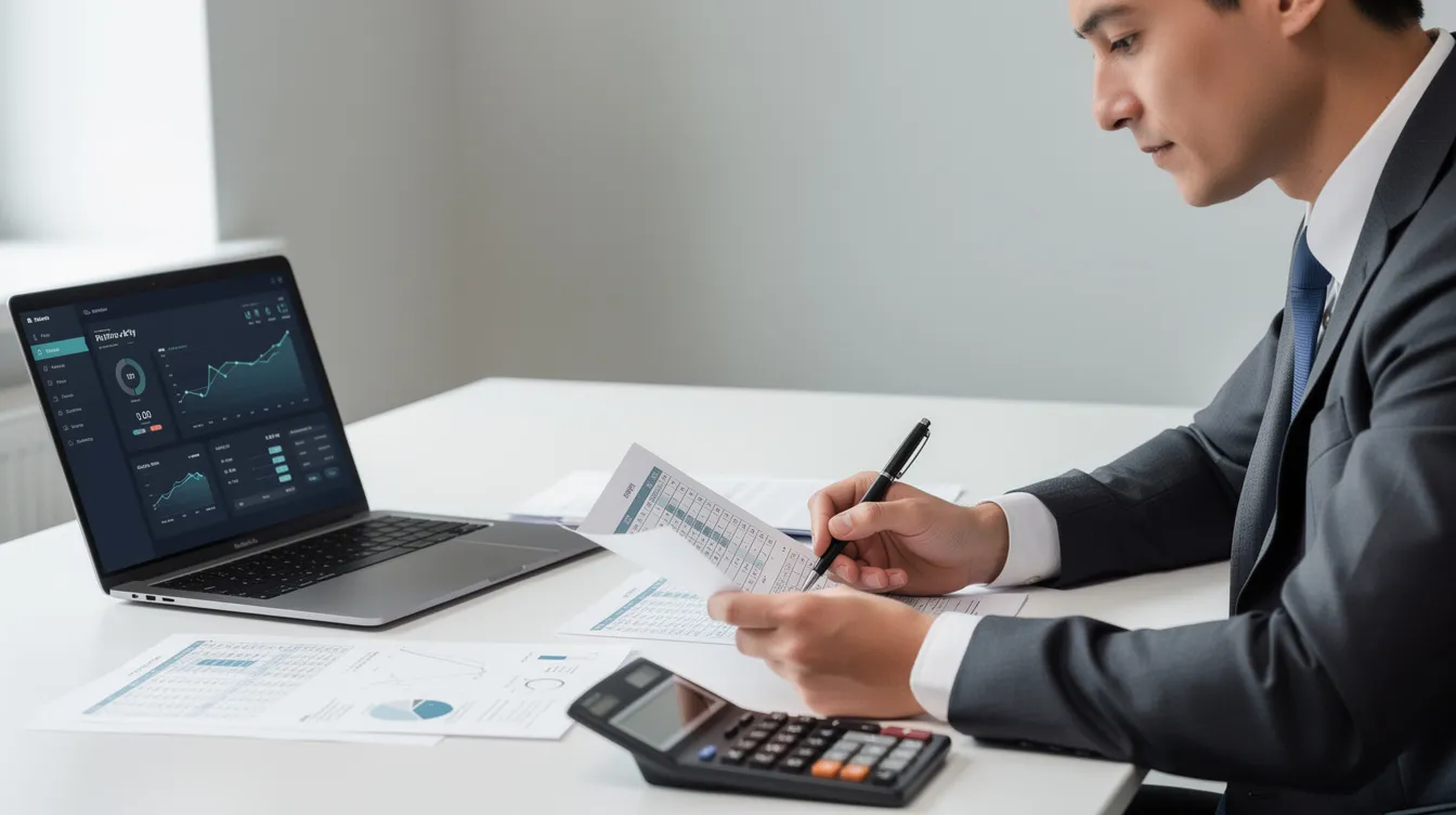 A person is seated at a desk, intently reviewing financial documents alongside a laptop and a calculator, which may relate to investment property loans and mortgage payments. The scene suggests a focus on analyzing down payment options and understanding monthly mortgage payments for real estate investments.