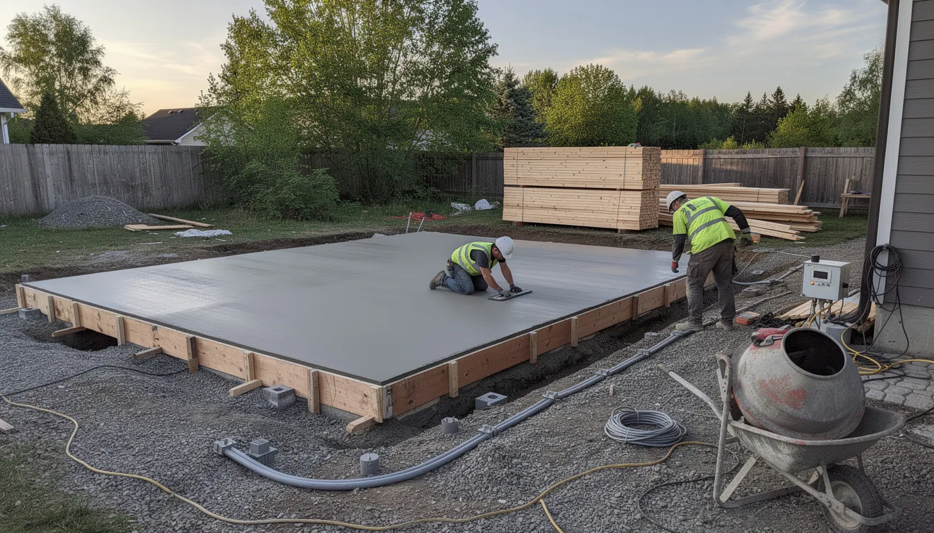 The image shows contractors preparing the foundation for an outdoor sauna, with a focus on the installation of a concrete pad and electrical conduit, essential for supporting various sauna types such as traditional or infrared models. This step is crucial in ensuring the durability and functionality of the sauna, contributing to the overall sauna installation costs.
