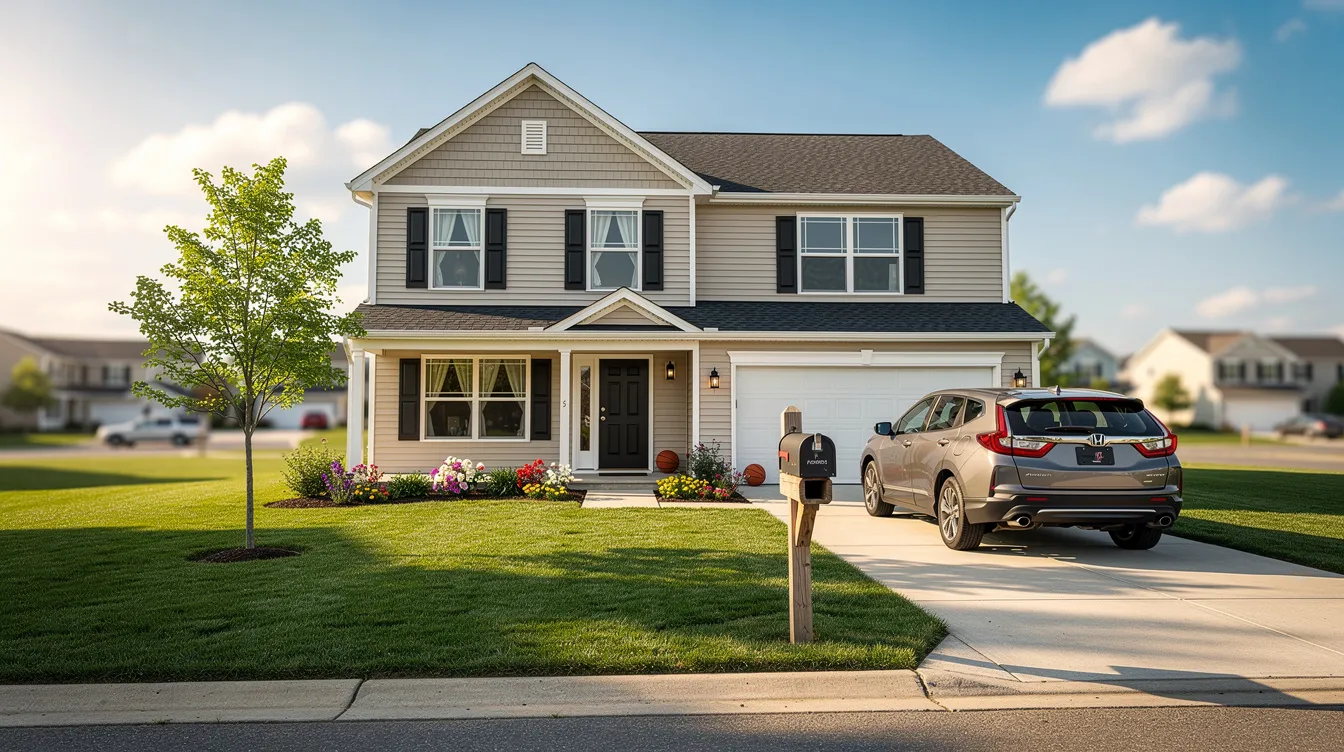 A charming family home is depicted with a car parked in the driveway, set against a bright blue sky on a sunny day in a small American town. This scene represents the stability and comfort often sought during the bankruptcy process, such as filing for Chapter 7 bankruptcy in Wyoming, where individuals can find relief from unsecured debts like credit card debt and medical bills.