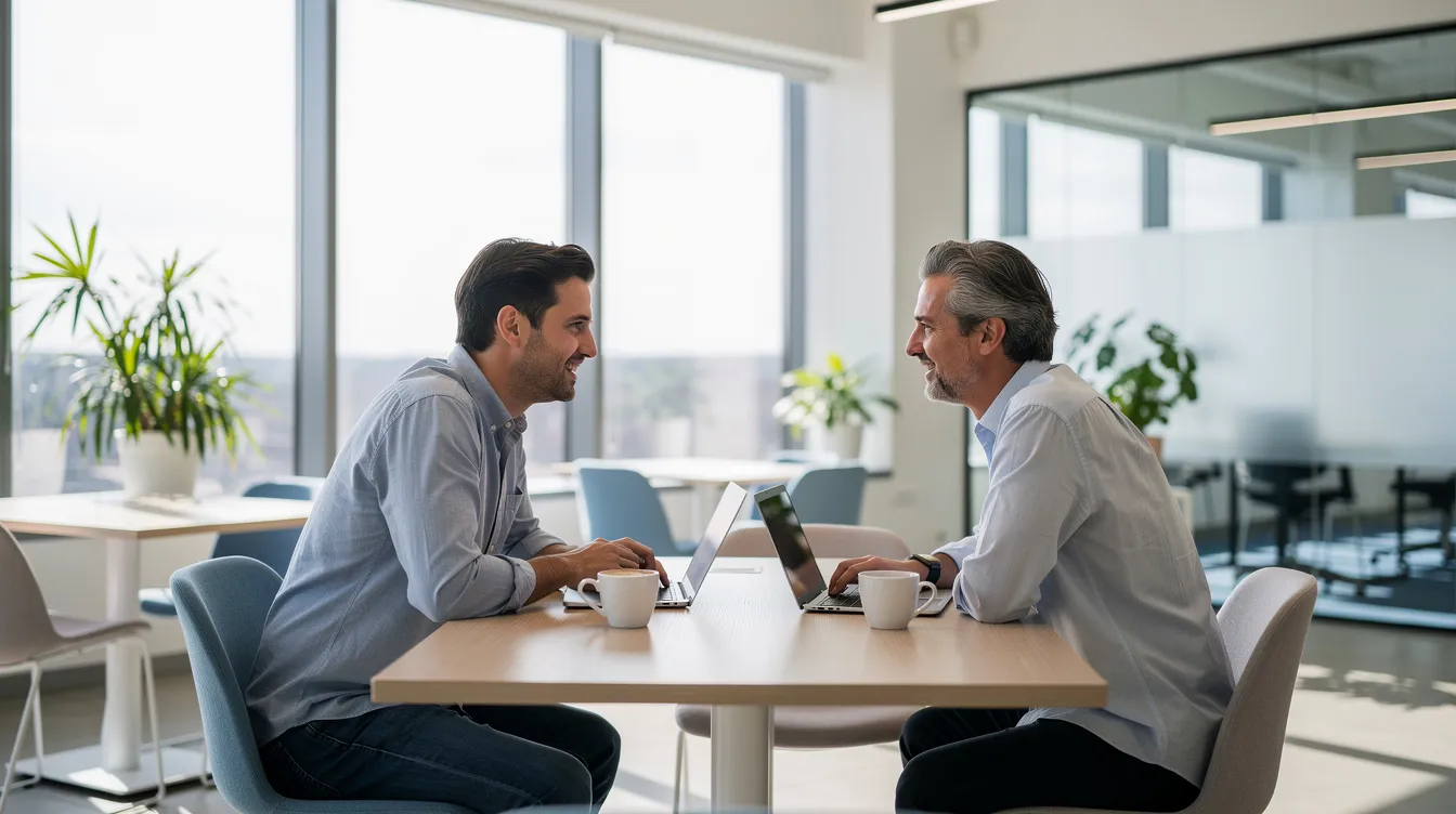 The image depicts two individuals sitting at a wooden table in a bright, modern office, engaged in a conversation over coffee. They appear to be discussing financial strategies, possibly related to asset allocation and tax planning, as they work towards creating a personalized plan to achieve their financial goals.